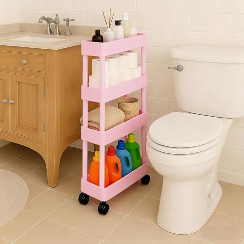 ShellKingdom 4 Tier Bathroom Storage Organizer, Slim Rolling Storage Cart for Narrow Space, Mobile Shelving Unit with Lockable Wheels and Hooks for Bathroom, Kitchen, Laundry Movable Shelf (Pink) - color: Pink