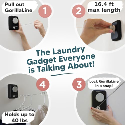 Max – Retractable Clothesline Indoor Outdoor, Non-Sagging Heavy Duty Clothes Drying Line, Wall Mounted Drying Rack, Air Dry Clothing, Max Tighten with GorillaGrip - style: Black - Upgraded Model