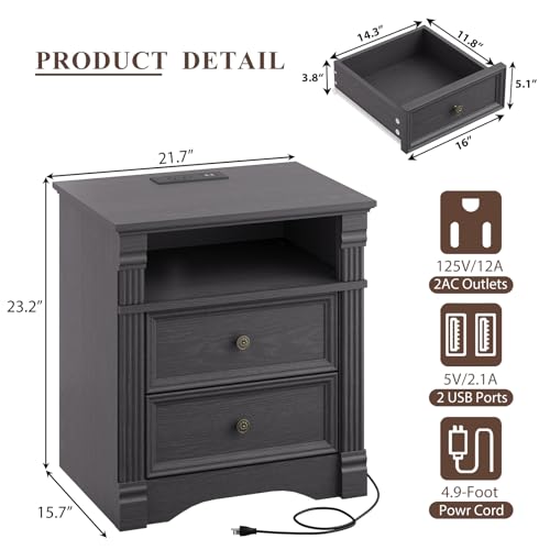 Grey Nightstand with Charging Station, Farmhouse Bedside Table, End Table with 2 Drawers and Chic Wood Pilasters Design, Wood Side Table with Metal Handles for Bedroom, Living Room - color: Grey, size: 15.7"D x 22"W x 23.6"H (2 Drawers)
