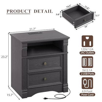Grey Nightstand with Charging Station, Farmhouse Bedside Table, End Table with 2 Drawers and Chic Wood Pilasters Design, Wood Side Table with Metal Handles for Bedroom, Living Room - color: Grey, size: 15.7"D x 22"W x 23.6"H (2 Drawers)