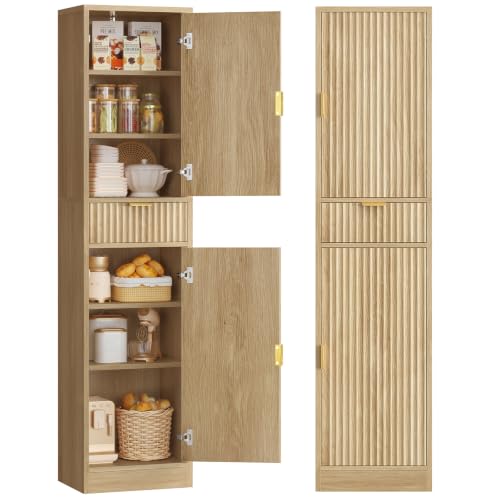 67″ Storage Cabinet with 1 Drawer and 2 Doors,Tall Bathroom Storage Cabinet with Adjustable Shelves, Rattan Fluted Cabinet for Bathroom, Living Room, Kitchen, Natural Oak - color: White With 4 Doors