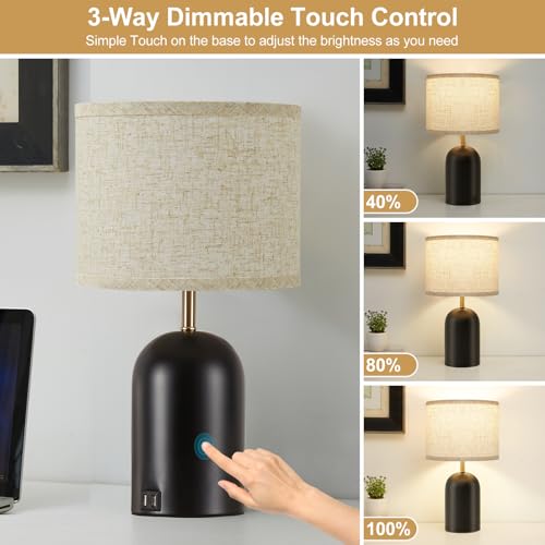 Bedside Lamps with USB C+A Charging Ports, Table Lamp Touch Control Dimmable Modern Lamp for Bedroom Lamps for Night Stands with Fabric Shade for Living Room Office Dorm (LED Bulbs Included) - color: Balck, size: 18"