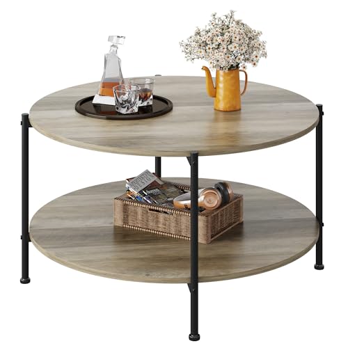 WLIVE Round Coffee Table, 32.6" Small Coffee Table with Storage Shelf, 2-Tier Circle Wood Center Table for Living Room, Apartment, Rustic Brown (Grey, 32.6" D x 32.6" W x 17.5" H) - color: Grey, size: 32.6"D x 32.6"W x 17.5"H