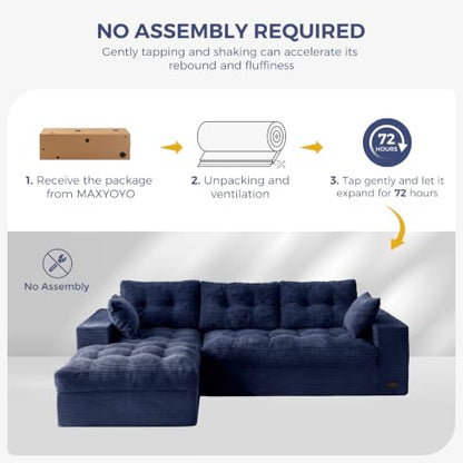 MAXYOYO Boneless Couch, 96-Inch L-Shaped Cloud Couch with Ottoman | Navy Layered Cushioning and Flexible Modules Create an Upholstered Sofa in a Box with No Assembly for Spacious Living Rooms. - color: Navy, size: 96" L Shape
