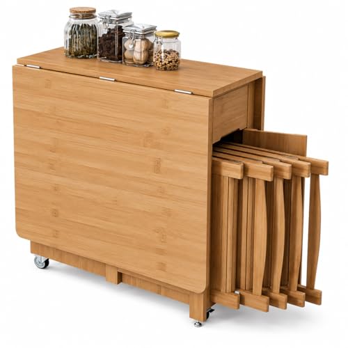 Folding Dining Table with Chairs, Bamboo Drop Leaf Foldable Tables for Small Spaces,Extendable Collapsible Dinette Table with Drawers and Wheels for Living Room Kitchen Apartment,No Assembly (Wood）