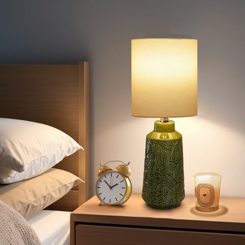 17.75" Green Ceramic Table Lamp Set of 2, Modern Leaf Relief Nightstand Lamps with White Shade, Rustic Green Lamps for Bedroom, Living Room, Side Table & Office