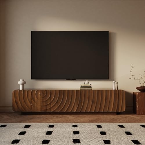 KEIKI 70.9" TV Stand for TVs Up to 79", Modern Entertainment Center with Spiral Wave Cabinet Doors, 2 Drawers and Storage Cabinets, Floor Standing Media Console for Living Room, Walnut - color: Walnut, size: 71"L