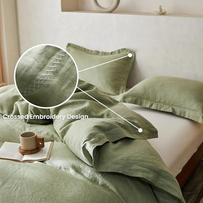 Simple&Opulence 100% Linen Duvet Cover Set with Crossed Embroidery Washed - 3 Pieces (1 Duvet Cover with 2 Pillow Shams) Soft Breathable Farmhouse - Sage Green, Queen Size - color: Crossed-sage Green, size: Queen