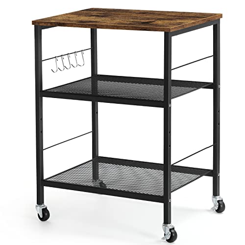 LIANTRAL Rolling Cart, 3-Tier Microwave Cart Kitchen Storage On Wheels | Brown Utility Cart for Bar Coffee Large Side End Table Nightstand for Home Office - size: Large, style: Brown