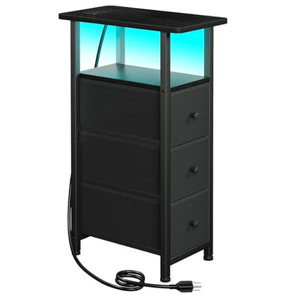 Narrow End Table with Charging Station, Small Nightstand | Skinny Side Tables Living Room with 3 Fabric Drawers, Bedside Table with LED Lights for Bedroom, Small Spaces, Black - color: Black, size: 27.55''H (3 Drawers), style: Power + Light