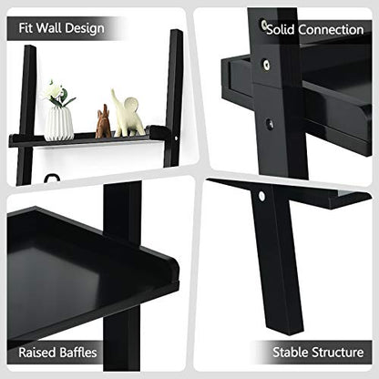 Tangkula 5-Tier Ladder Shelf, Wall-Leaning Bookshelf w/Open Shelves, Plant Flower Stand, Storage Display Organizer Rack, Multifunctional Bookcase for Living Room Home Office (Black) - color: Black