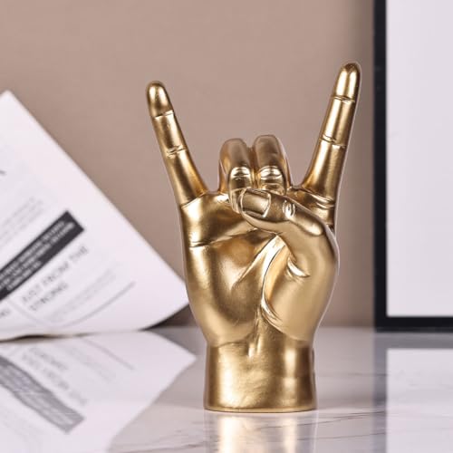 QIANLING 7.7" Gold Resin Rock On Hand Gesture Statue - Rock Culture Music Lovers' Decorative Tabletop Sculpture for Bookshelf, Desk & Mantel Decor in Home or Office, Modern Symbolic Figurine - color: Gold
