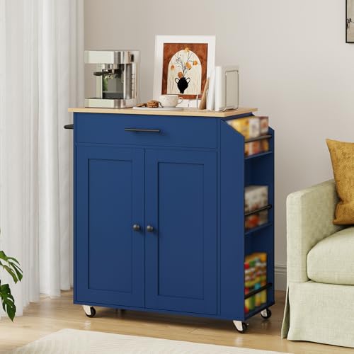 HOOBRO Kitchen Island with Power Outlet, Kitchen Storage Island with Spice Rack and Drawer, Rolling Kitchen on Wheels, for Home, Dining Room, Natural and Blue UN82UZD01G1 - color: Natural + Blue