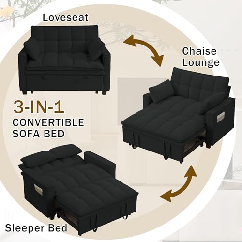 Convertible Sofa Bed, Loveseat Sleeper Sofa with Pull Out Bed and Adjustable Backrest, 3-in-1 Futon Couch for Living Room, Bedroom, Apartment, Black - color: Black, size: Pull Out Sofa Bed