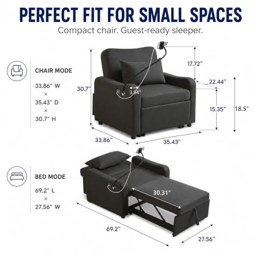 Majnesvon Convertible Chair Bed 3 in 1, Sofa Bed Chair (Black-1) | with Adjustable Backrest & Charging Station, Small Space One Person Couch for Apartment, Office, Living Room, Bedroom - color: Black-1