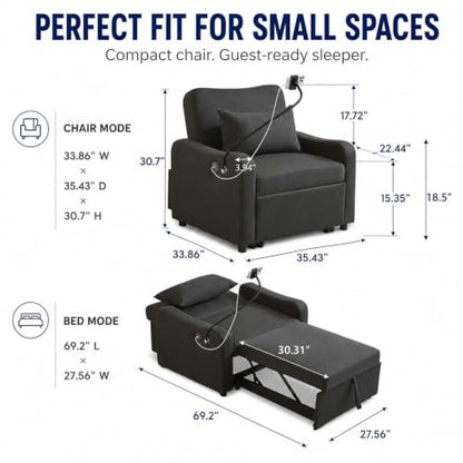 Majnesvon Convertible Chair Bed 3 in 1, Sofa Bed Chair (Black-1) | with Adjustable Backrest & Charging Station, Small Space One Person Couch for Apartment, Office, Living Room, Bedroom - color: Black-1