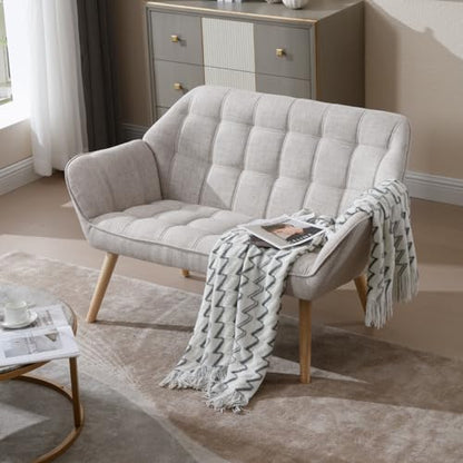 48”Small Loveseat Sofa, Modern Linen Upholstered Mini Couch 2-Seater Fluffy Love Seat with Quilting Backs and Wood Legs for Small Space Living Room, Bedroom, Beige - color: Oatmeal, size: Loveseat