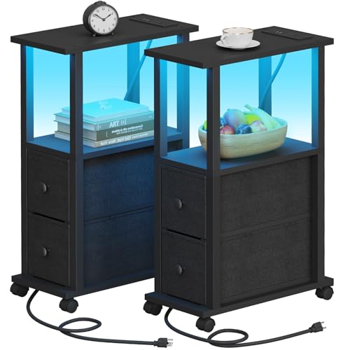 TUTOTAK Small Narrow End Tables, LED Side Tables with 2 Fabric Drawers, Set of 2, Bedside Tables with Charging Station for Small Spaces, Slim Nightstands with USB Ports and Wheels, TB01BK053L - color: Black, style: with LED Light & Outlets
