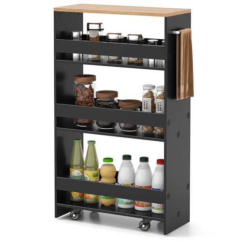 GIANTEX 4-Tier Rolling Slim Storage Cart, 8" Narrow Slide Out Kitchen Cart | Space-Saving Compact Mobile Utility Trolley with Handle & Open Shelves for Small Space, Laundry Room (Black & Natural) - color: Black & Natural, size: 8"W