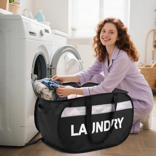 Collapsible Laundry Baskets, Tear-proof Dirty Clothes Hampers for Laundry, Foldable Laundry Basket with Dual Handles, Easy to Carry Pop Up Hamper for Bedroom, Bathroom, Dorm, Laundry Room Black - color: Black