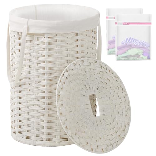 SETVSON Laundry Hamper with Lid Laundry Basket with Lid 72L, White | 19 Gal Round PE Rattan Hamper with Lid, Removable Washable Liner Bag, 2 Mesh Wash Bags, Steel Frame, Handles - color: White, size: 72 L