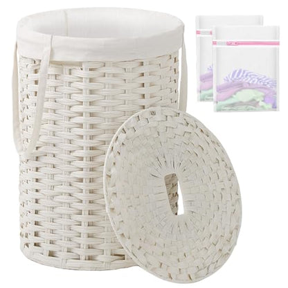 SETVSON Laundry Hamper with Lid Laundry Basket with Lid 72L, White | 19 Gal Round PE Rattan Hamper with Lid, Removable Washable Liner Bag, 2 Mesh Wash Bags, Steel Frame, Handles - color: White, size: 72 L
