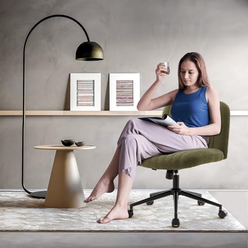 IWMH Criss Cross Office Chair with Wheels Cross Legged Desk Chair Armless | Green Computer Chair Vanity Chair Wide Seat Swivel Task Chair for Home Office Bedroom Make Up Small Space Height Adjustable - color: Teddy Green With Wheels