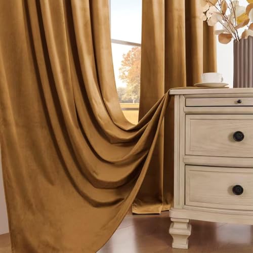Timeper Gold Brown Velvet Curtains 120 inches 2 Panels, Light Blocking Curtains for Bedroom Living Room Thermal Insulated Luxury Super Soft Window Drapes,Back Tab & Rod Pocket,W52 x L120 inches - color: Gold Brown, size: 52"W x 120"L (Pack of 2)