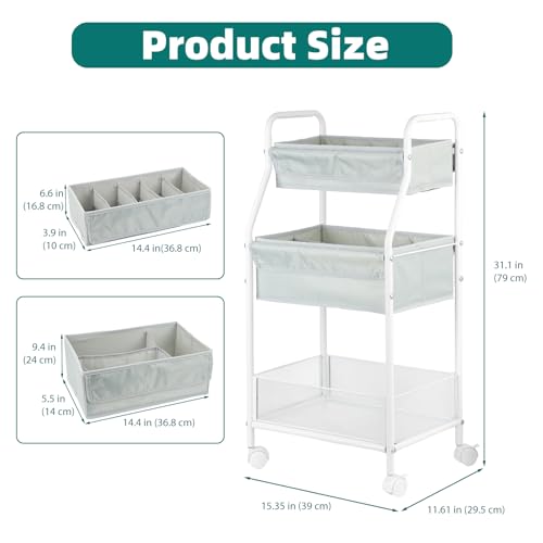 Rolling Utility Cart with Wheels, 3-Tier Diaper Cart, Rolling Nursery Cart & Baby Caddy Organizer for Nursery Essentials, Bedside/Postpartum Cart, Craft & Art Storage, Rolling Book Cart - size: WITHOUT_SIDE_STORAGE