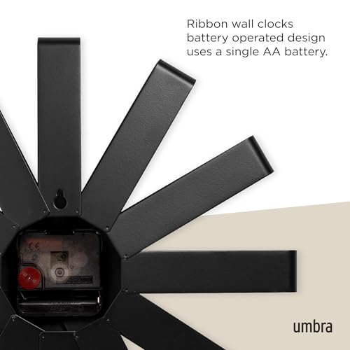 Umbra Ribbon Modern 12" Wall Clock, Silent Non Ticking Battery Operated Quartz Movement, Black