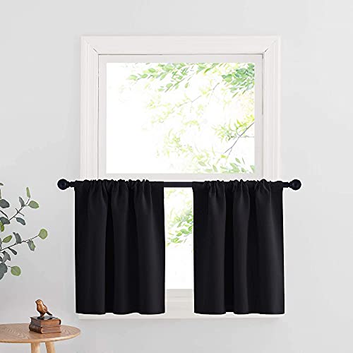 RYB HOME Cafe Blackout Curtains 24 inch Length, RV Camper Window Curtains | Short Small Half Window Tiers, Privacy, Thermal Insulated, Light UV Heat Blocking, Rod Pocket, W29 x L24, Black, 2 Panels - color: Black, size: 29"W x 24"L (Pack of 2)