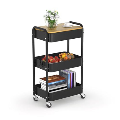 3 Tier Metal Utility Cart, Rolling Storage Cart with Wooden Tabletop, Metal Organizer Cart with Lockable Wheels for Office, Bedroom, Kitchen and Living Room (Black) - color: Black