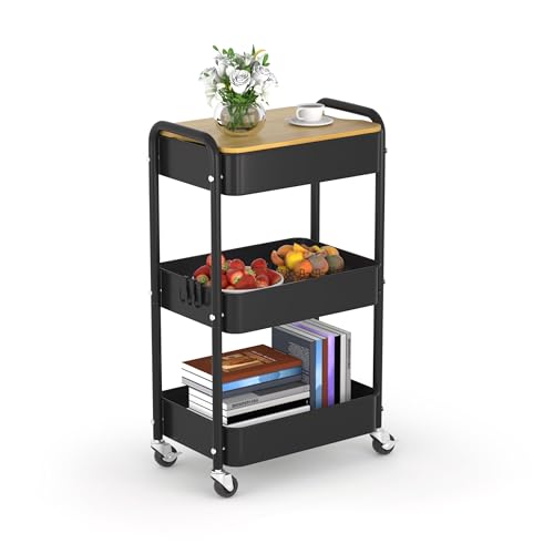 3 Tier Metal Utility Cart, Rolling Storage Cart with Wooden Tabletop, Metal Organizer Cart with Lockable Wheels for Office, Bedroom, Kitchen and Living Room (Black) - color: Black