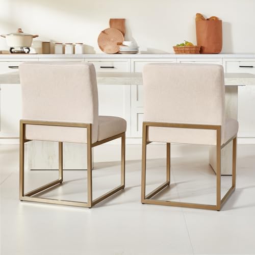 GrandNoor Modern Khaki Linen Fabric Dining Chairs Set of 2, Soft Thick Upholstered Kitchen Chairs with Gold Sturdy Metal Legs,Adjustable Foot Pads Dining Room Chairs - color: Khaki Linen, size: 2PCS Dining Chairs