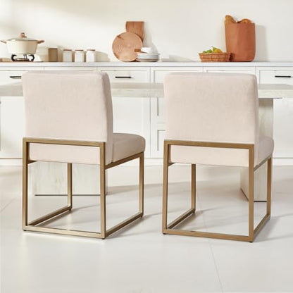 GrandNoor Modern Khaki Linen Fabric Dining Chairs Set of 4, Soft Thick Upholstered Kitchen Chairs with Gold Sturdy Metal Legs,Adjustable Foot Pads Dining Room Chairs - color: Khaki Linen, size: 4PCS Dining Chairs