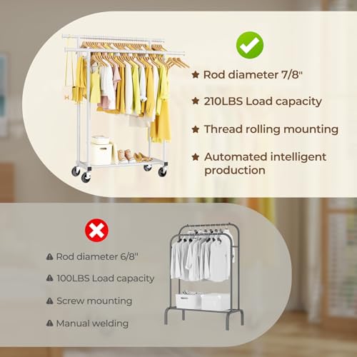 HYSEYY Double Rods Clothes Rack, Rolling Clothing Rack for Hanging Clothes Portable Wardrobe Rack, Metal Garment Rack Sturdy Coat Rack for Bedroom Laundry Living Room, White - color: White