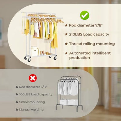 HYSEYY Double Rods Clothes Rack, Rolling Clothing Rack for Hanging Clothes Portable Wardrobe Rack, Metal Garment Rack Sturdy Coat Rack for Bedroom Laundry Living Room, White - color: White