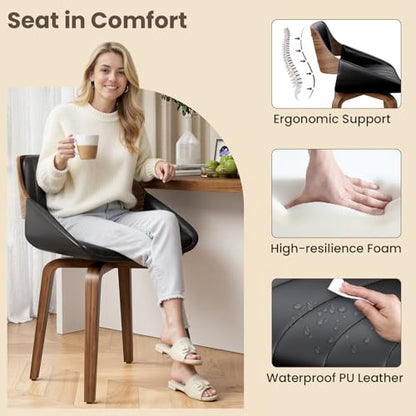 REONEY 360° Swivel Dining Chairs Set of 2, Mid-Century Modern Kitchen Chair | with Walnut Bentwood Back and Legs, Upholstered PU Leather for Dining Room, Kitchen, Restaurant, Cafe, Black - color: Black Vertical Stripes