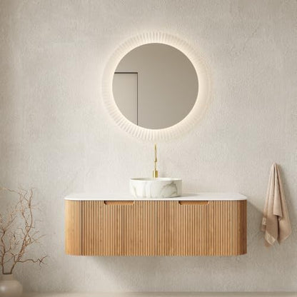 48" Floating Bathroom Vanity with Sink, Wall Mounted Plywood Cabinet, Natural Wood Grain Fluted Front, Sintered Stone Countertop, White Marble-Look Ceramic Vessel Sink, Soft-Close Drawer - color: Natural Oak Cabinet / White Marble Sink, size: 48 Inch