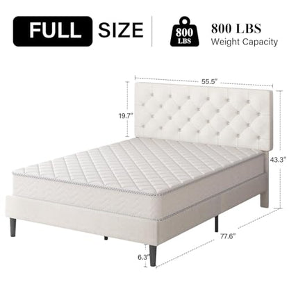HOMBCK Full Bed Frame with Headboard, Linen Fabric Upholstered Bed Frame Full, White Bed Frame with Wood Slats, Button Tufted, No Box Spring Needed, White - color: White, size: Full