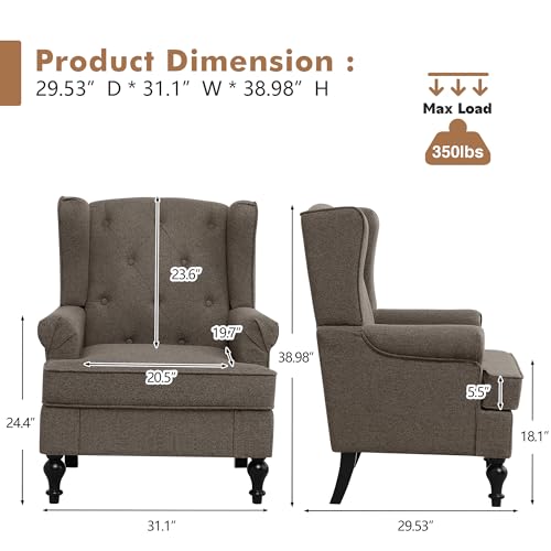 Accent Chair Set of 2, Mid Century Modern Fabric Wingback Chair, Upholstered Armchair with High Back and Vintage Legs, Comfy Single Sofa Side Reading Chair for Living Room Bedroom, Brown - color: Brown, size: Set of 2