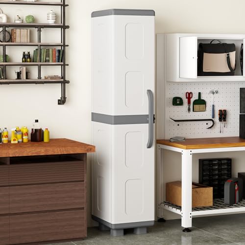 Giantex 70” Tall Slim Storage Cabinet with Single Door, Plastic Kitchen Pantry with 4 Adjustable Shelves, Narrow Freestanding Bathroom Cabinet for Living Room, Home Office, Laundry, Garage, White+Grey - color: White+grey, size: Tall-14"x19"x70"