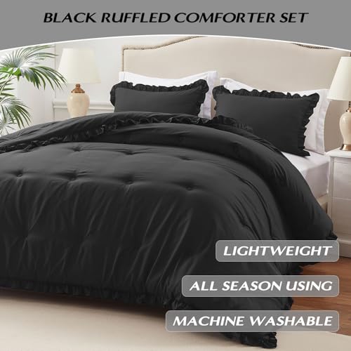 Lightweight 2 Pieces Black Ruffle Bed Set Vintage Farmhouse Soft Comforter Set Twin with 1 Pillow Shams(Twin/Twin XL, 66x92 inches, Black) - color: Black, size: Twin