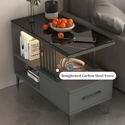 Coffee Table with Glass Tabletop,3-Tier Narrow End Tables,Nightstand Bedside Table Open Storage for Small Spaces,Living Room,Bedroom(90 * 30 cm/35.4 * 11.8 in, Teal)
