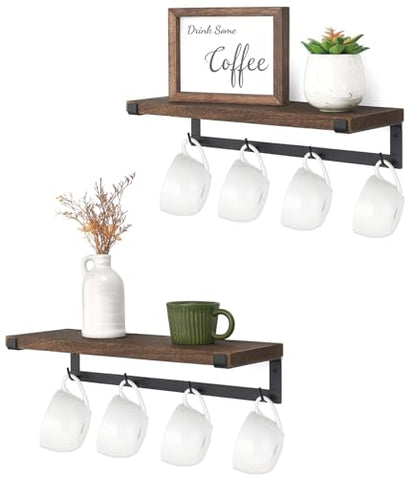Dahey Coffee Mug Holder Wall Mount with Hooks, 2 Pack Wood Cup Shelf, Brown | Space Saving, Storage & Hanging Design, Fits Utensils Spices Cans, Easy Assembly, Hardware Included, Rustic Bar Kitchen Decor