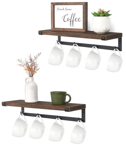 Dahey Coffee Mug Holder Wall Mount with Hooks, 2 Pack Wood Cup Shelf, Brown | Space Saving, Storage & Hanging Design, Fits Utensils Spices Cans, Easy Assembly, Hardware Included, Rustic Bar Kitchen Decor