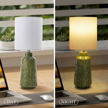 17.75" Green Ceramic Table Lamp Set of 2, Modern Leaf Relief Nightstand Lamps with White Shade, Rustic Green Lamps for Bedroom, Living Room, Side Table & Office