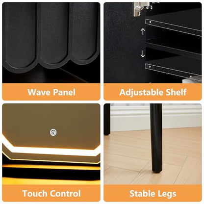 Vanity Desk with Mirror and Lights, Modern Wood Wave Panel Vanity Desk Set Makeup Table with Drawers and Cabinet, Dressing Table with Storage for Bedroom, Black - style: Black