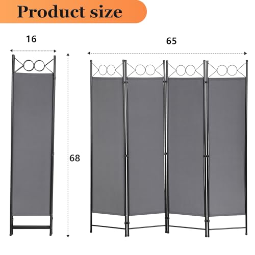 4 Panel Room Divider 6FT Steel Frame Screen Folding Privacy Divider Freestanding Partition for Home Office Bedroom,Light Grey - color: Light Grey