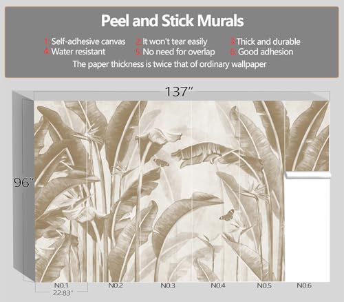 XMPMBM-Peel and Stick Beige Leaves Wallpaper Tropical Banana Leaf Mural | Tear-resistant,good adhesion,repositionable,and durable;does not peel off easily.size: L-137"X96" - color: X07, size: 137"x96"